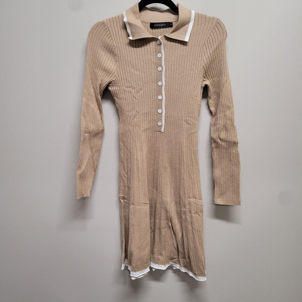Merokeety Women Tan Ribbed Polo Sweater Dress Long Sleeve Collared Size S